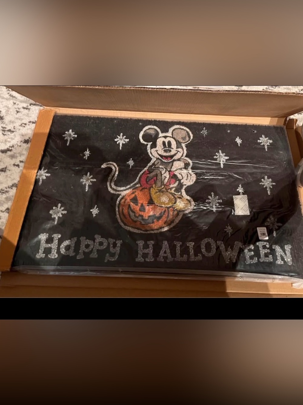 Pottery Barn Black Halloween Doormat with Mickey Pumpkin Motif